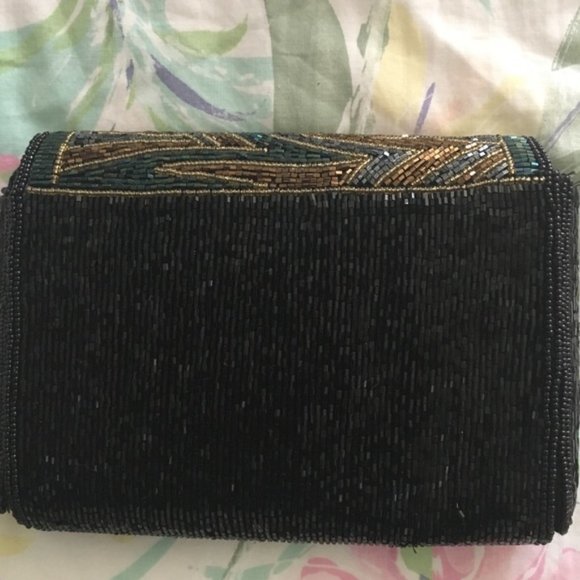 Talbots black green and gold beaded clutch purse - Picture 4 of 5
